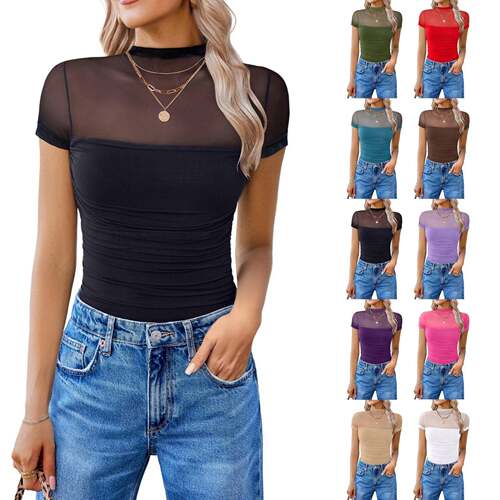 Women'S Basic Black Short Sleeve Mesh Turtle Neck Bodysuit