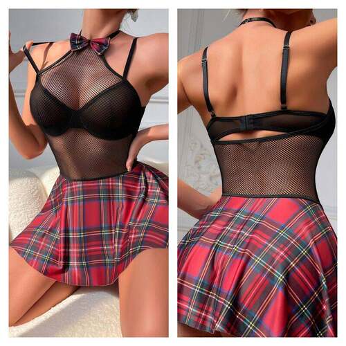 Women'S Elegant Halter Bodysuit & Plaid Pleated Mini Skirt