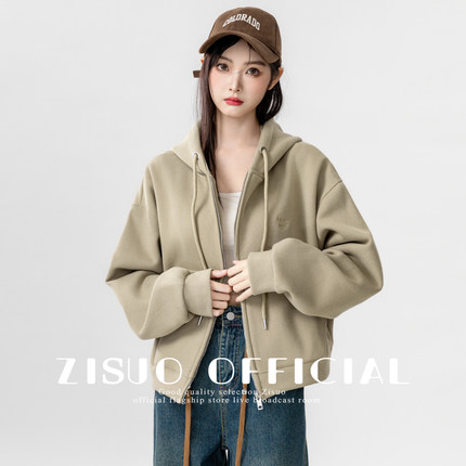 2024秋冬新款卡其色连帽卫衣女冬加绒加厚宽松开衫外套短款上衣潮