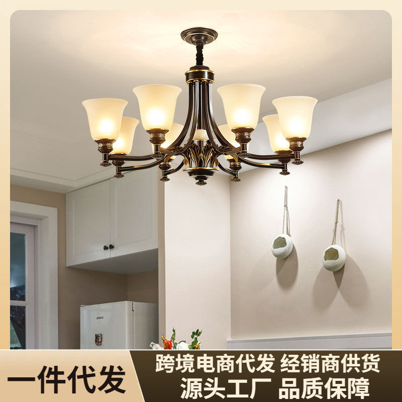 美式吊灯全铜客厅灯黑擦金复古乡村简约大气别墅餐厅卧室灯具新款