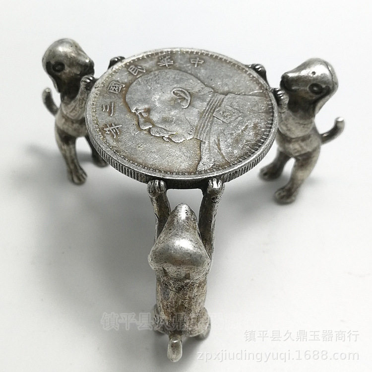 古玩杂项批发 仿古白铜狗狗造型烛台盘子底座批发铜器摆件批发