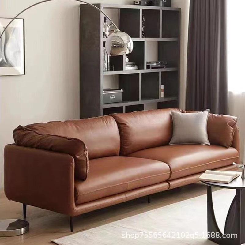 进口油蜡牛皮意式极简复古风客厅小户型三人位头层牛皮直排沙发