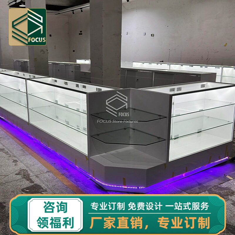 烤漆钢化玻璃烟柜LED灯带便利店展示柜转角柜台陈列柜跨境订置