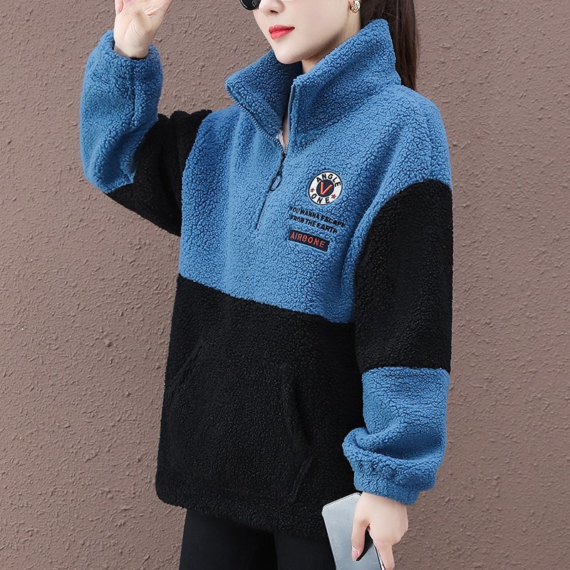 新品加绒加厚卫衣女冬2024年新款D宽松立领百搭休闲颗摇粒绒羊羔