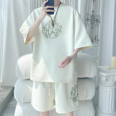 新中式国风刺绣大码套装男装夏季宽松休闲潮流短裤短袖t恤两件套