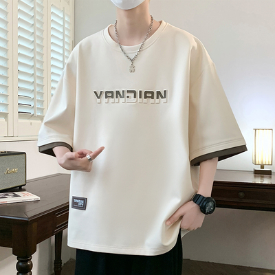 大码短袖t恤男士夏季加肥加大立体钢印宽松体恤胖子撞色圆领上衣