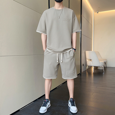 菠萝格男士套装夏季休闲大码短袖加肥加大宽松运动短裤一套搭衣服