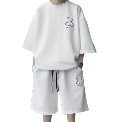 华夫格小熊休闲套装男夏季宽松大码重磅短袖t恤短裤一套加肥加大