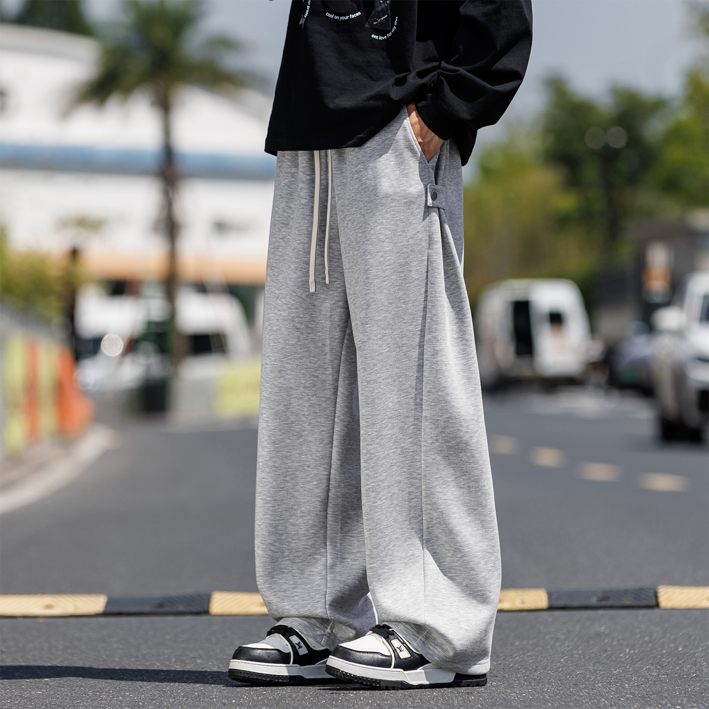 青少年直筒长裤子男款秋季胖子大码宽松阔腿休闲灰色运动健身卫裤