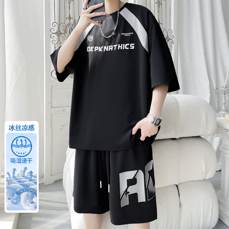 夏季冰丝短袖t恤休闲运动速干衣套装男宽松大码青少年篮球训练服