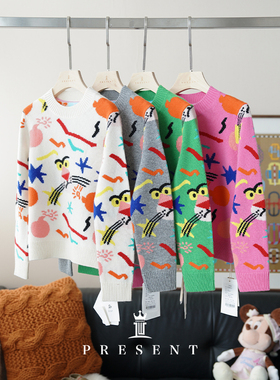 老宝娘家童装丨JCLP卡通豹圆领手工挂毛长袖100%山羊绒