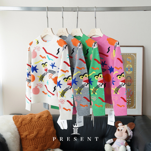 老宝娘家童装丨JCLP卡通豹圆领手工挂毛长袖100%山羊绒