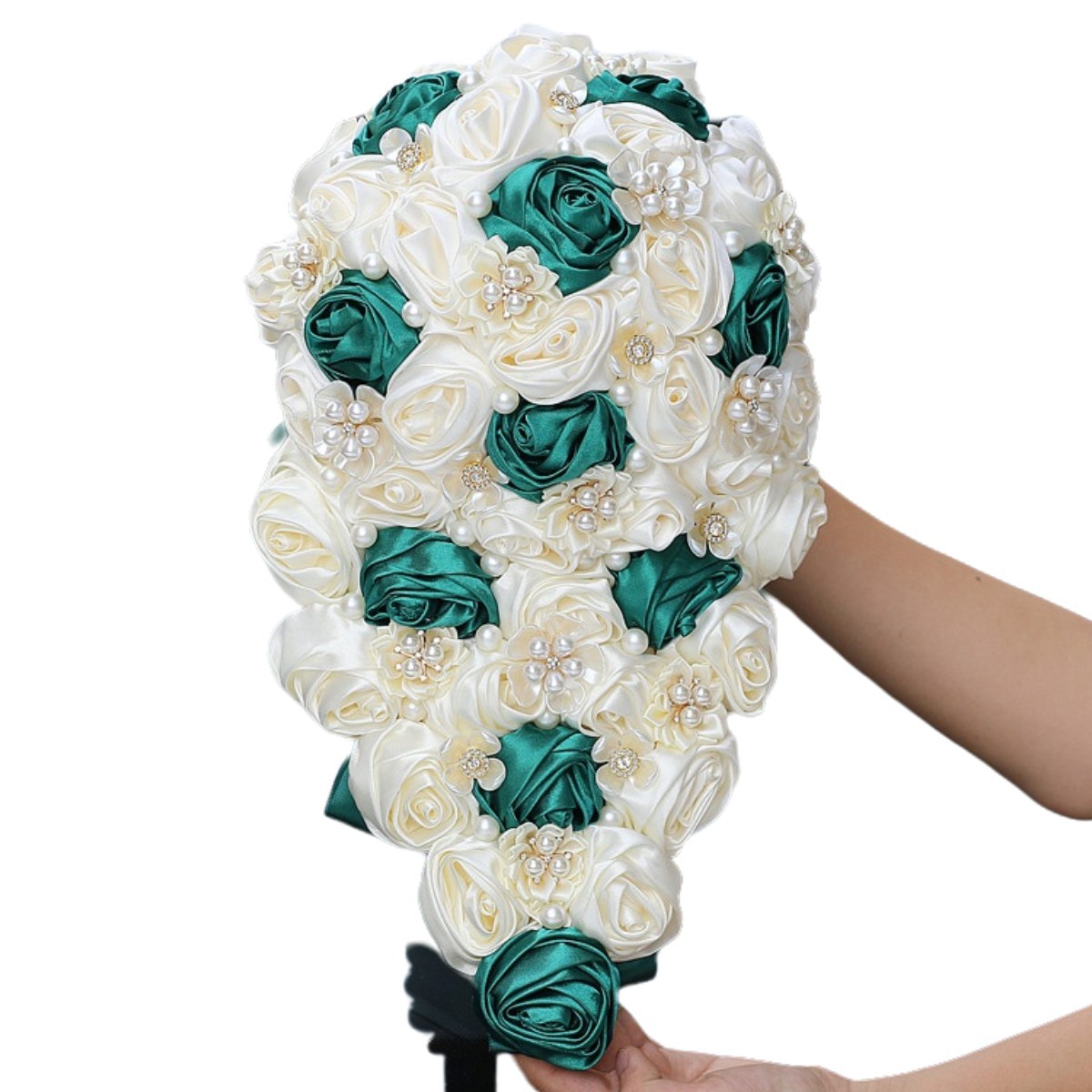 墨绿奶色水钻手捧花水滴瀑布手捧花水钻新娘手捧花婚庆花束W3016