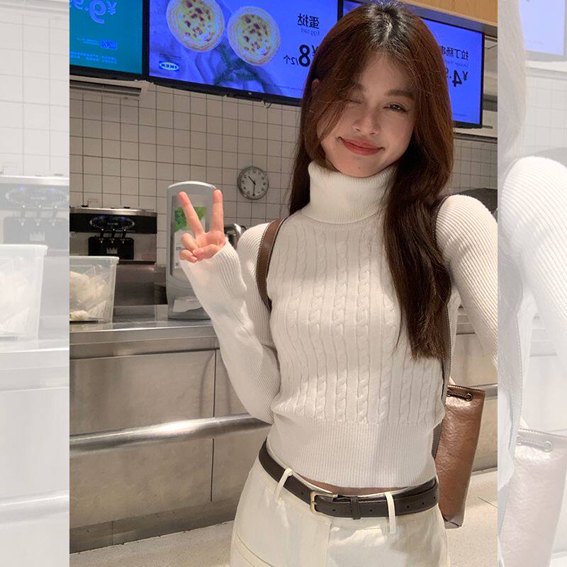 SONG JUNG-EUN WHITE TURTLENECK SWEATER WOMENS THICKENED AUTUMN AND WINTER SHORT UNDERWEAR BASE LAYER SLIM TWIST KNIT SWEATER TOP