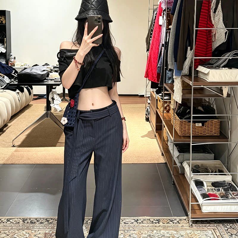 条纹高智感阔腿西裤女早秋低