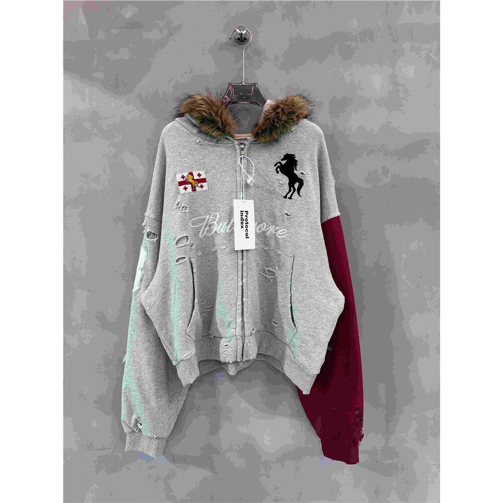 Protocol index水洗做旧磨破战马拉链连帽衫美式休闲宽松男女外套