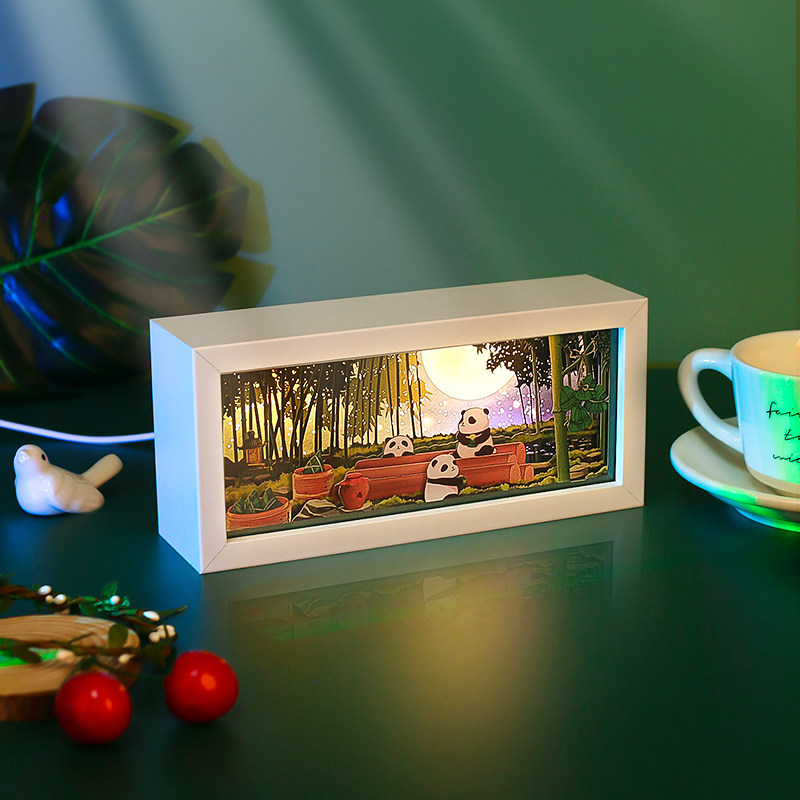 熊猫元素创意礼物居家装饰小夜灯桌面纸J雕摆件国宝熊猫立体纸雕