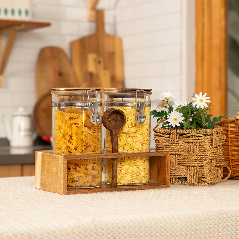 咖啡玻璃密封罐带勺子陈皮茶叶咖啡豆收纳盒实木底座大容量储存罐