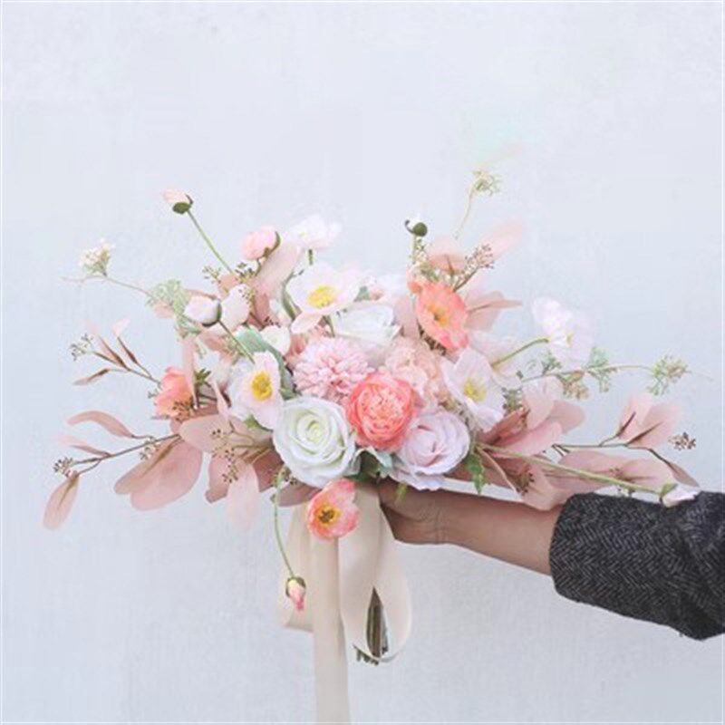 ins日系香槟橘粉色式手捧花球新娘草坪自然婚礼仪式婚纱照道具