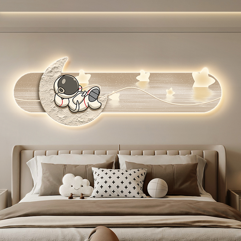 儿童房装饰画卡通宇航员LExD发光氛围灯画卧室床头挂画温馨感壁画