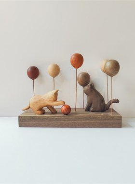 原木风猫元素气球木雕猫咪木制品手作礼物L品车载装饰桌面木质摆