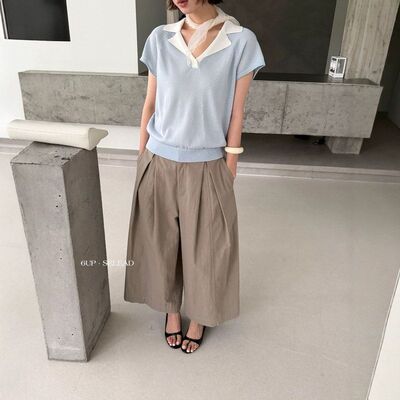 UP夏韩系撞色翻领针织小衫十三行