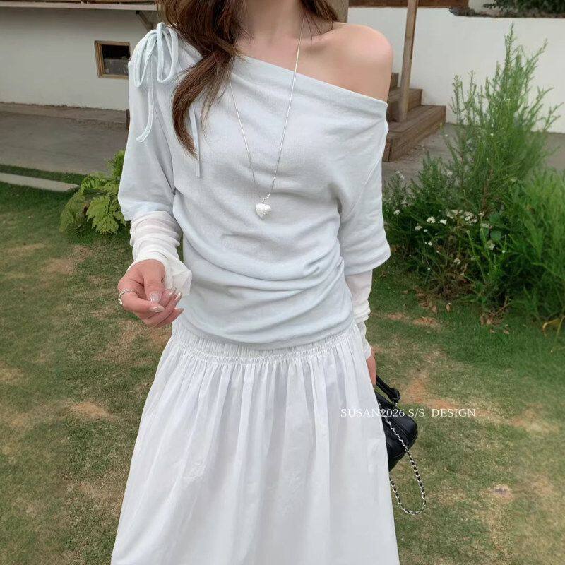 【苏珊SUSAN】2026夏季新款温柔别致显瘦假两件系带长袖T恤3229S