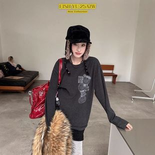 2025冬季 新款 韩版 t恤女625731 字母笑脸印花加绒长袖 FISH