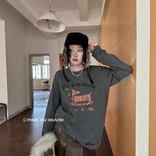 新款 25冬季 趣味腊肠狗字母印花加绒加厚圆领t恤25792 FISH