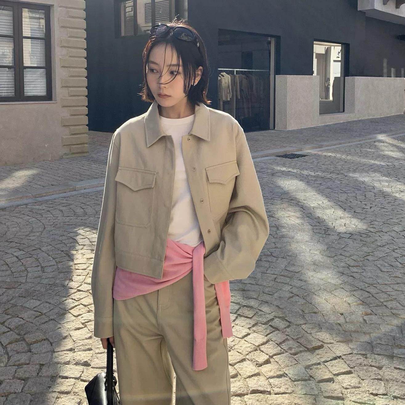 2025春上新韩系ins潮短款翻领拉链百搭夹克外套女6373