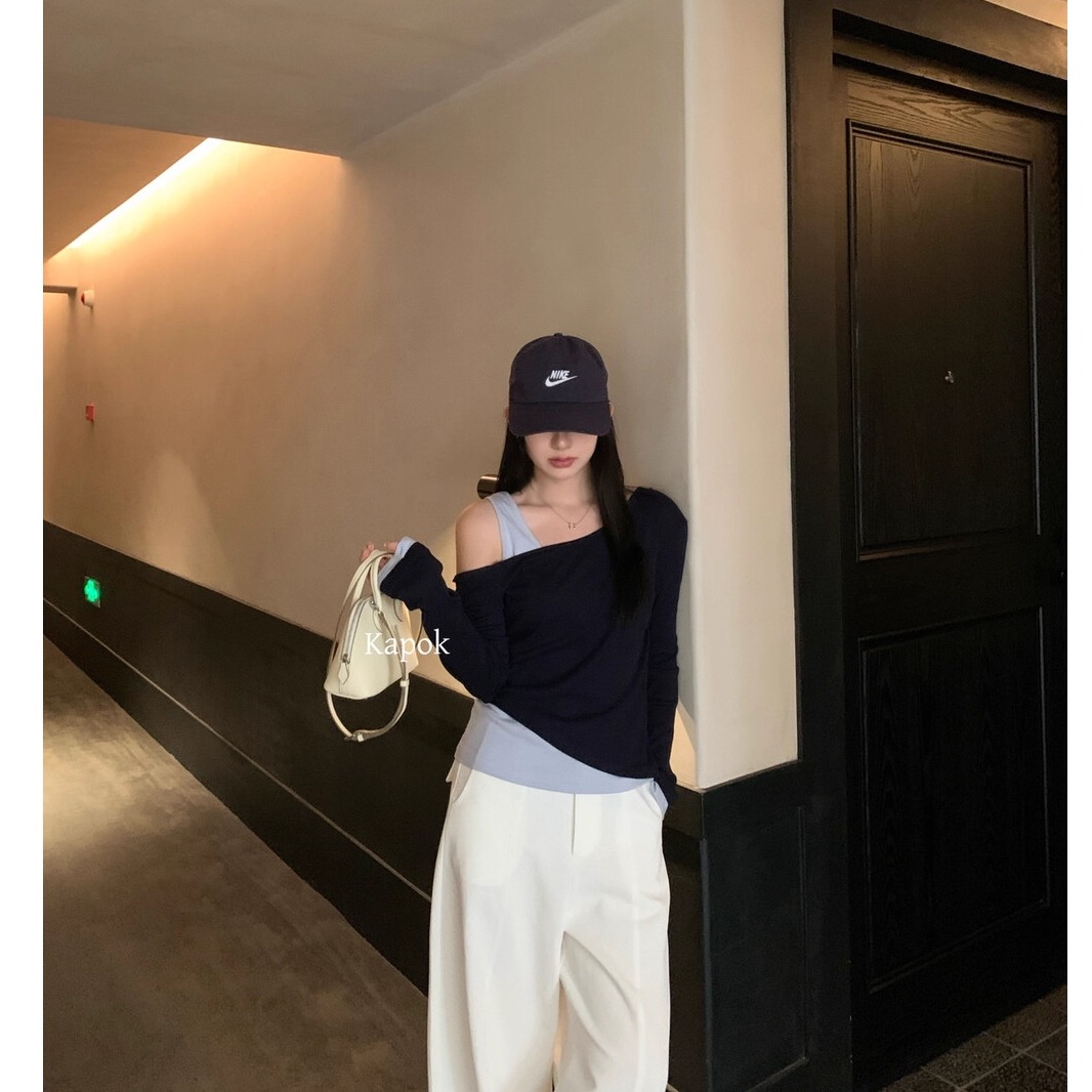 【KAPOK】2025秋季新款韩版拼接假两件露肩显瘦百搭小衫女25585