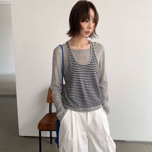 【6UP】2026早春新款韩系羊毛假两件撞色薄款百搭长袖上衣女60136