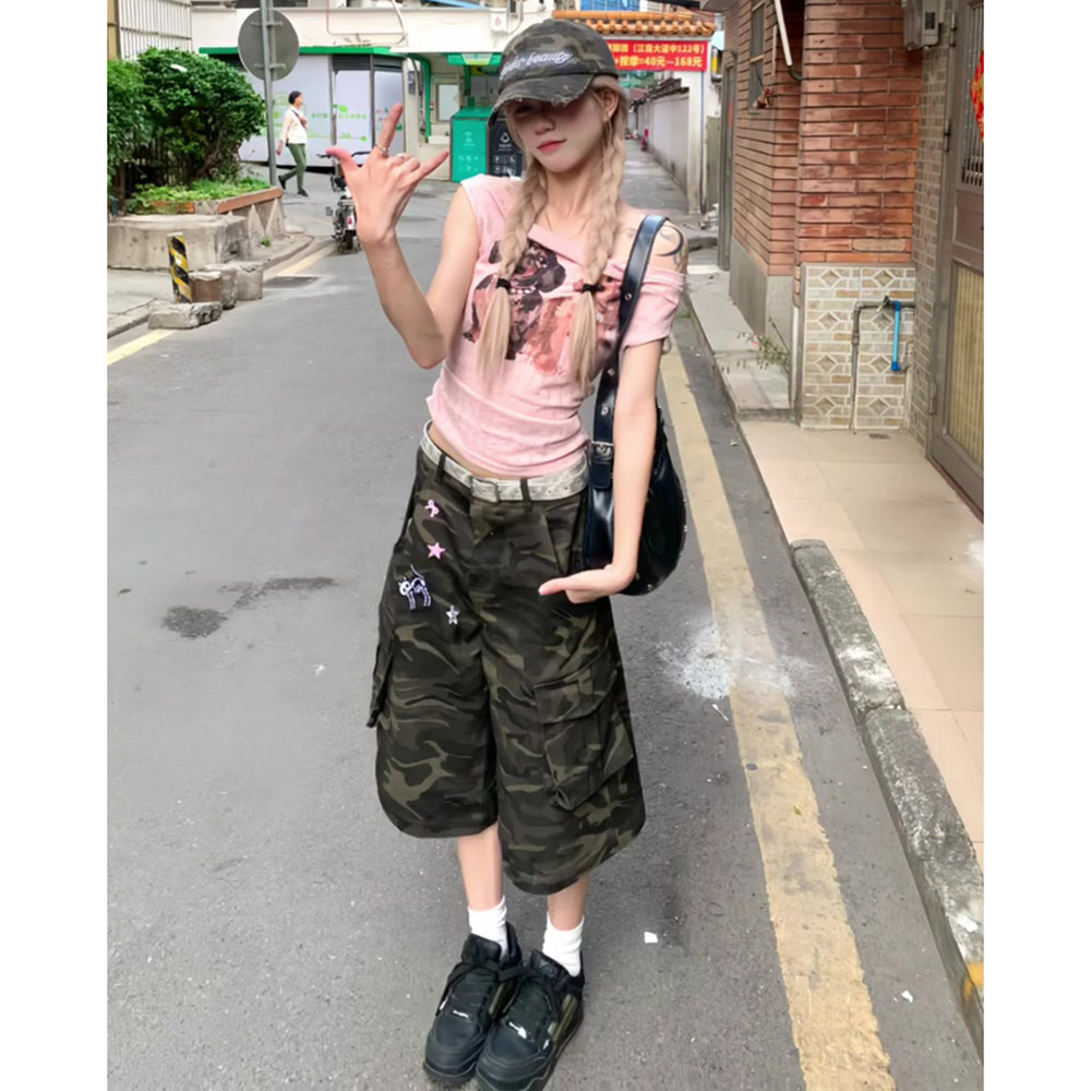 美式覆古迷彩工装七分牛仔裤女夏季口袋阔腿八分五分裤直筒梧桐短