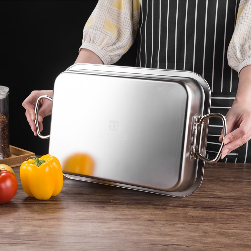 不锈钢盆特厚g大号方盆长方形快餐菜盆带盖油炸盆炸锅平底提手托