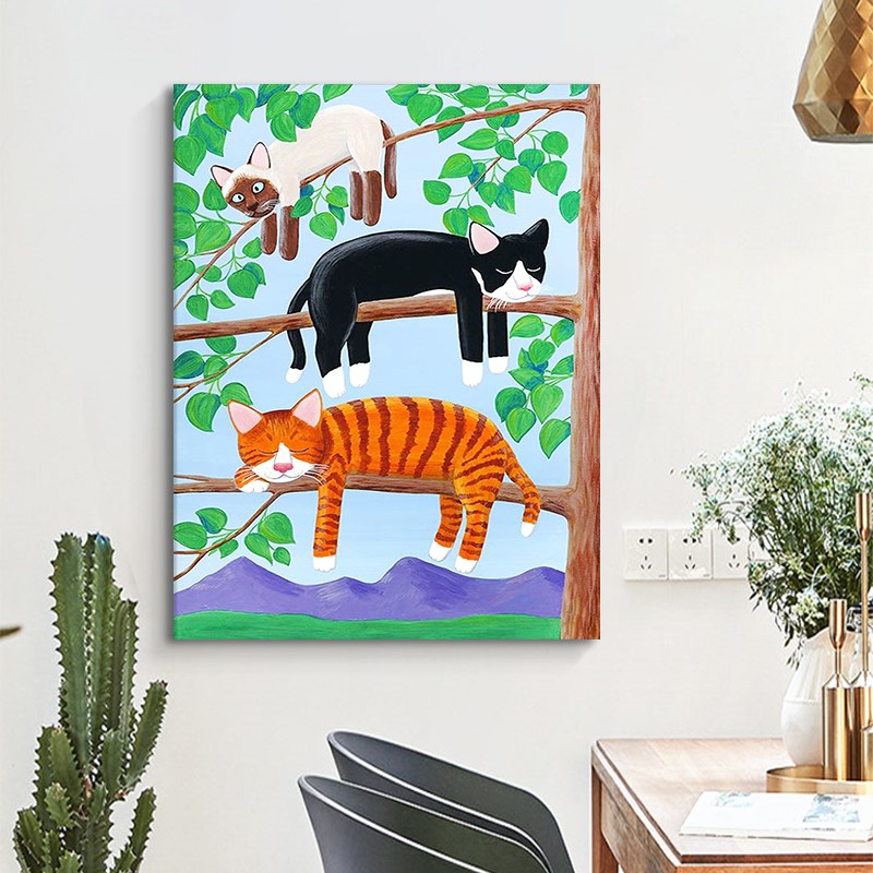 入户玄关小众艺术手绘油画抽象猫咪客厅装饰画卡通动Y物儿童房挂图片