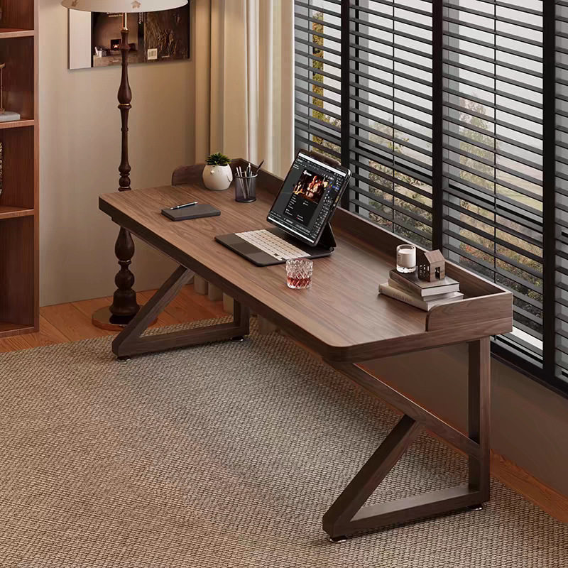 全实木双人书桌挡板台式电脑办公桌长条电竟床边桌子家用学习桌