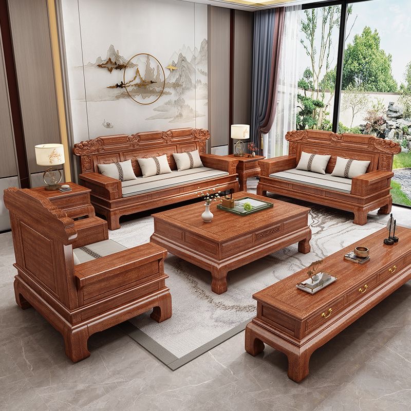新中式金花梨木实木沙发组合大户型冬夏两用明清仿古雕花客厅家具