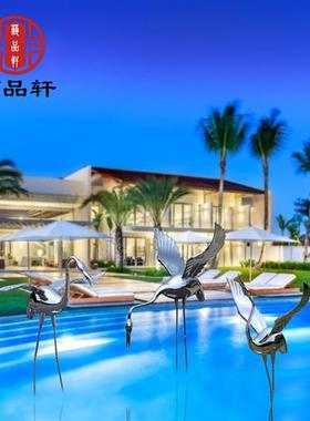 户外不锈钢镜面仙鹤雕塑售楼部园林公园景观艺术装饰落地水池摆件