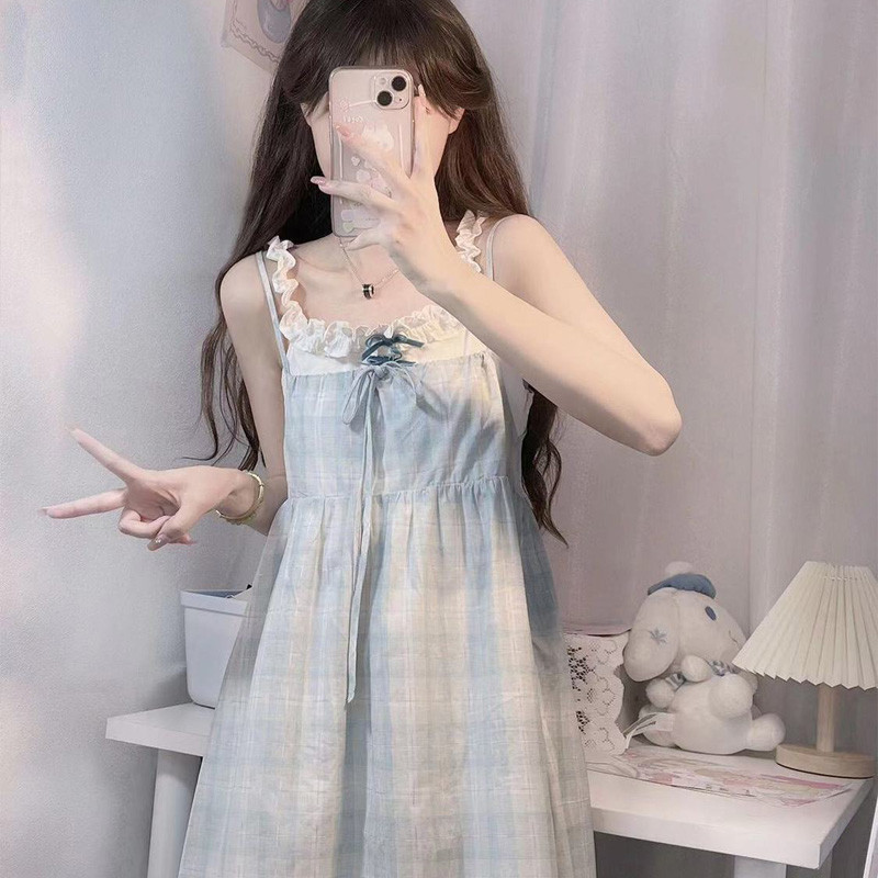 休闲盐系少女格子连衣裙夏季气质吊带裙子女学生甜美a字裙