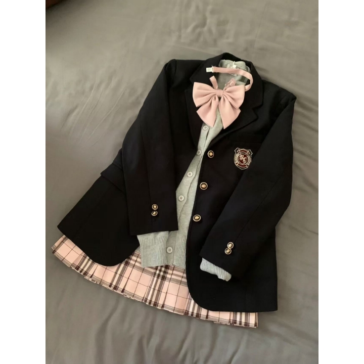 JK制服针织开衫西装外套高腰格百褶半身裙套装女