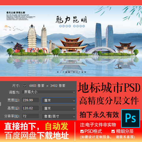 云南省昆明地标城市旅游建筑海报展板背景版设计psd分层素材文件