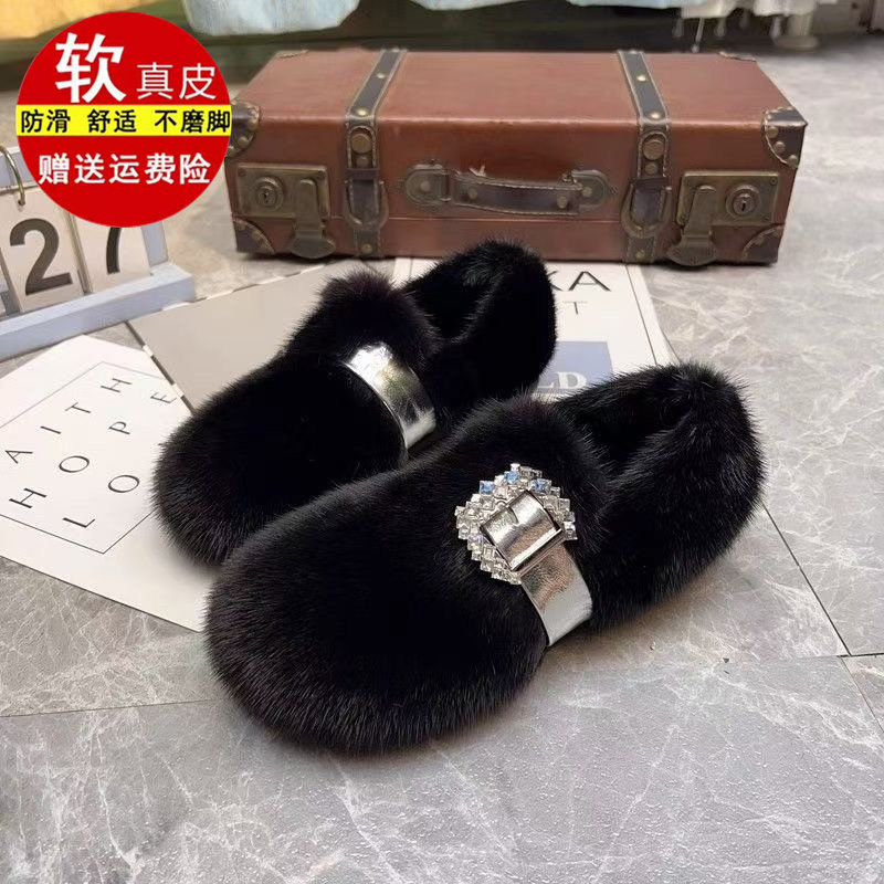 品牌专柜白色玛丽珍毛毛鞋女外穿加绒保暖秋冬2025新款豆豆棉鞋女