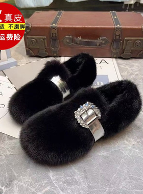 品牌专柜白色玛丽珍毛毛鞋女外穿加绒保暖秋冬2025新款豆豆棉鞋女