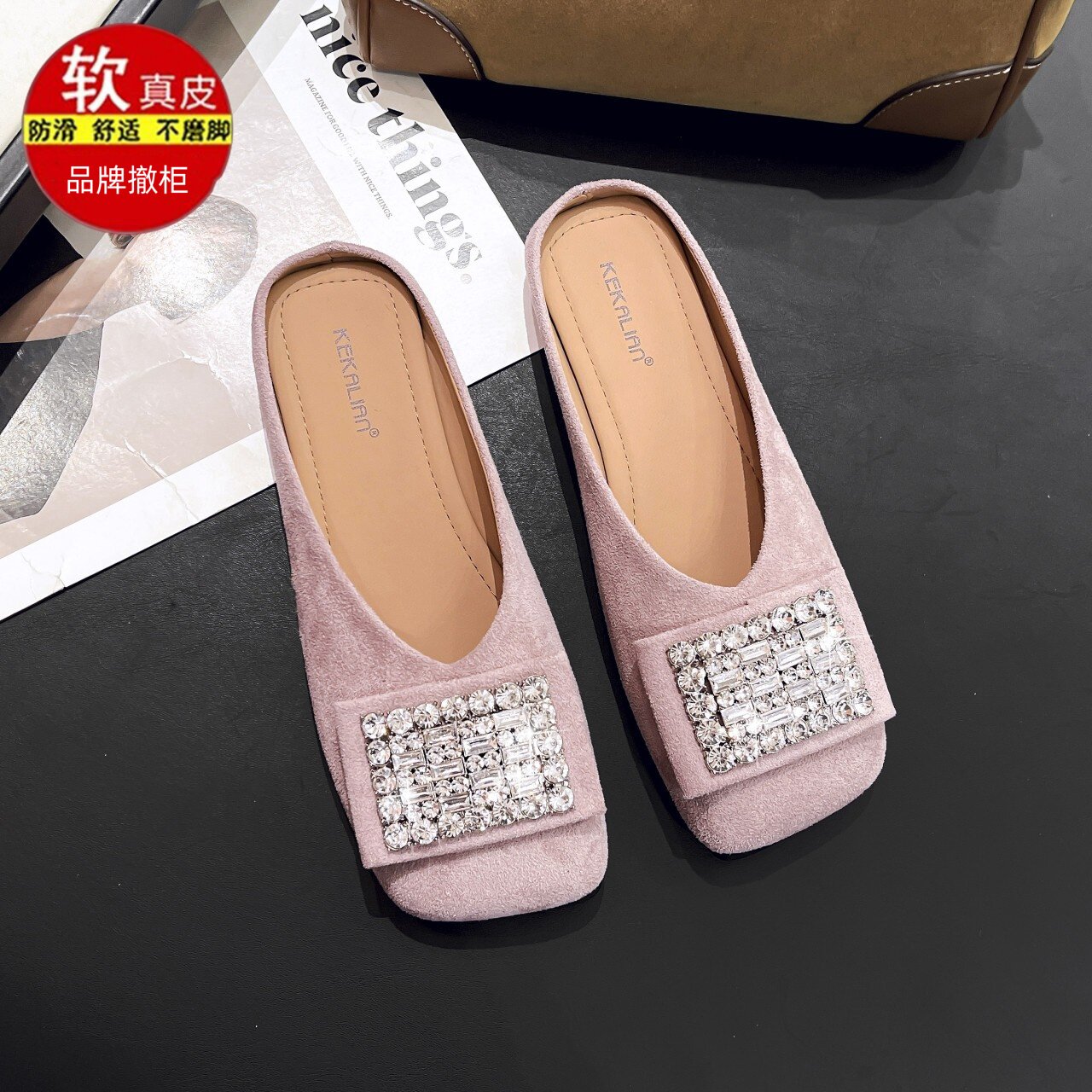 品牌特卖真皮法式勃肯鞋半拖鞋包头一脚蹬配裙子水钻平底拖鞋潮