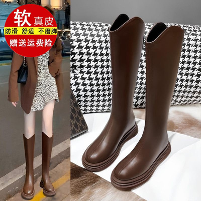 品牌专柜长筒靴女小个子圆头复古高筒骑士靴厚底v口中跟瘦瘦靴女