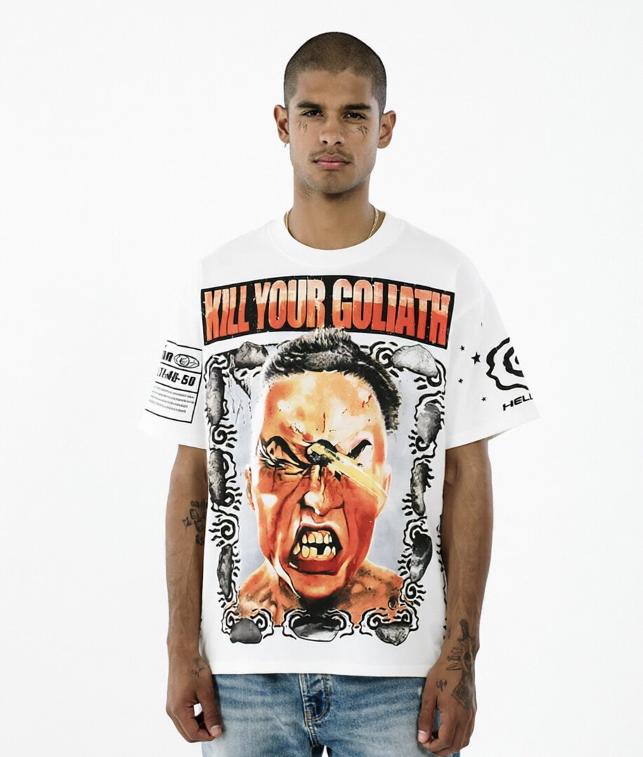 hellstar地狱之星潮牌KILL YOUR GOLIATH标语愤怒的光头印花短袖T