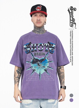 美式梦幻万箭穿心印花短袖T恤男女宽松水洗做旧圆领上衣男女情侣