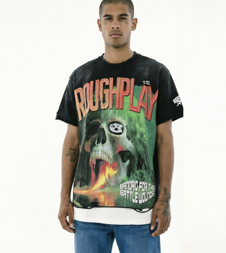 RoughPlay火焰骷髅头森林岛印花破洞假两件洗水做旧烫钻短袖T恤潮