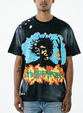 HELLSTAR电音耳机爆炸头人形象雷鬼摇滚传奇烫钻火焰风格短袖T恤