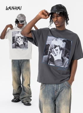 潮牌美式高街科特柯本Kurt Cobain摇滚Nirvana乐队人像印花短袖衫